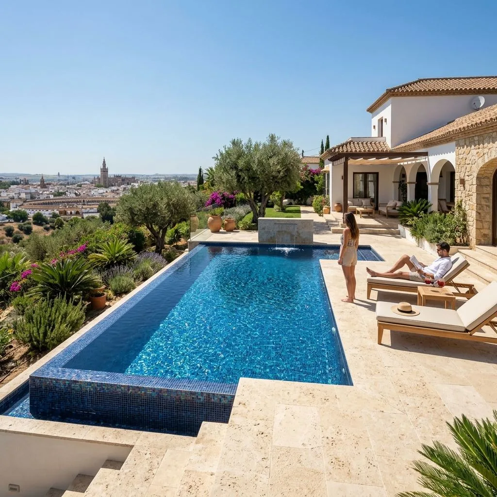 Zona exterior con piscina y solería antideslizante