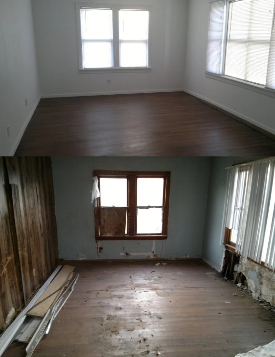 Estancia con suelo de madera antiguo antes de cambiarlo